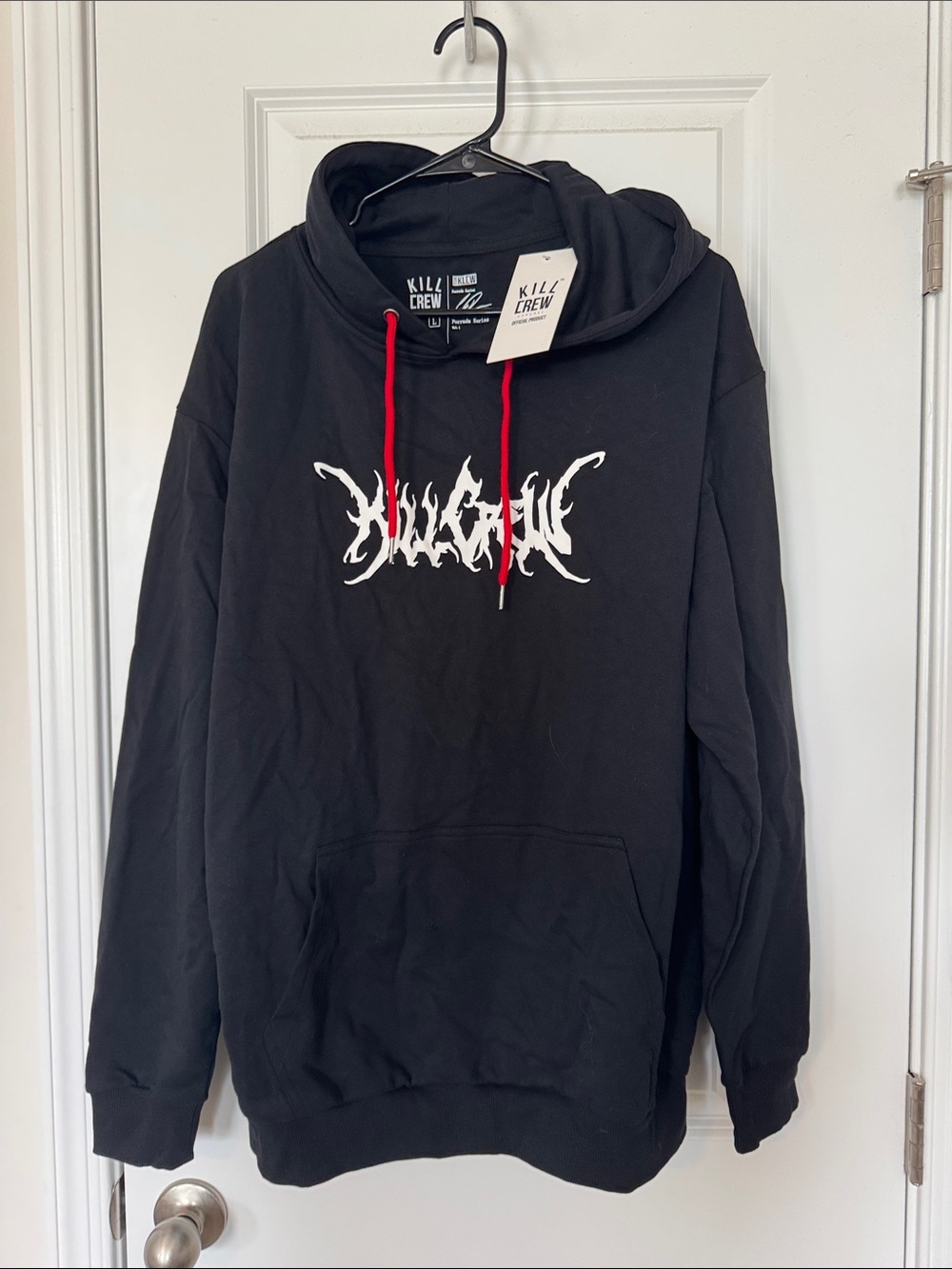 Kill Crew Black Crewneck Sweatshirt with White Graphic and Red Drawstrings